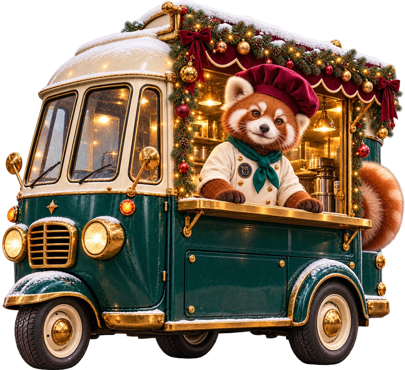 La mascotte du Truck Gourmand, panda roux cuisinier dans son foodtruck